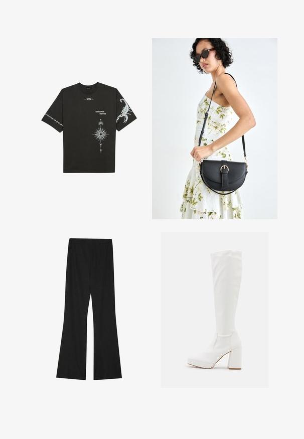 Sort bomulds T-shirt med hvide grafiske prints, herunder en skorpion og abstrakte designs. Korte ærmer; rund halsudskæring.; Sorte خاصى flared bukser med et tekstureret stof, der har en elastisk talje og en løs pasform, designet til komfort og bevægelsesfrihed.; RAID CANNON - Plateaustøvler - white; Sort læderhåndtaske med en buet form, aftagelig rem og guldfinish. Tasken har en klap med en spænde detalje.