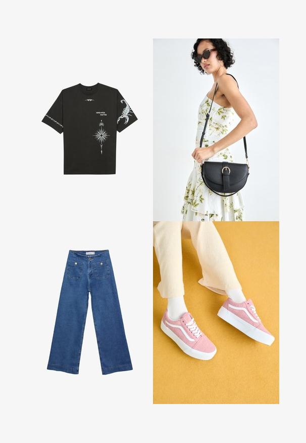 Musta puuvillapaita, jossa on valkoisia graafisia printtejä, mukaan lukien skorpioni ja abstrakteja kuvioita. Lyhyet hihat; pyöreä kaula-aukko.; Denim leveled-leg farkut keskisinisellä pesulla, kahdella etupussilla, joissa on nappisuljenta, ja ommelluilla yksityiskohdilla helmoissa.; Vaaleanpunaiset kangaskengät valkoisilla yksityiskohdilla ja nauhoilla, jotka omaavat teksturoidun pinnan ja valkoisen kumipohjan, asettuna keltaista taustaa vasten.; Musta nahkainen käsilaukku, joka on kaareva muotoilultaan, irrotettavalla hihnalla ja kultaisilla yksityiskohdilla. Laukussa on läppä, jossa on solk yksityiskohta.