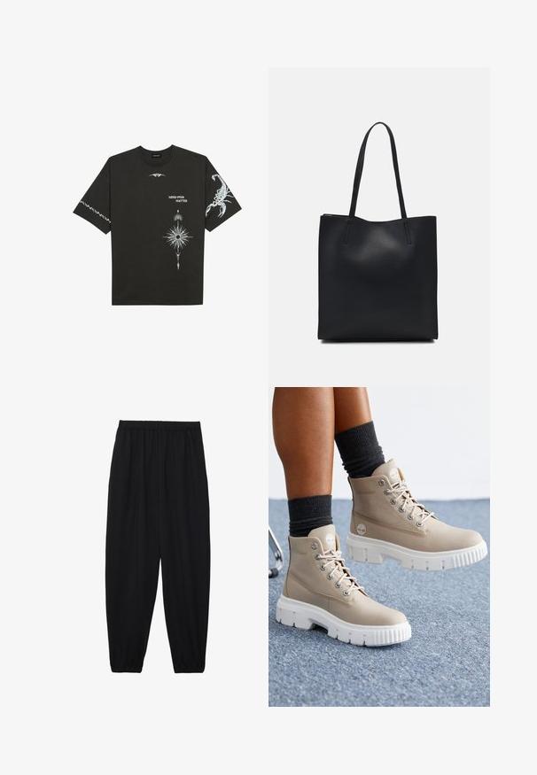 Tricou din bumbac negru, cu imprimeuri grafice albe, inclusiv un scorpion și desene abstracte. Mâneci scurte; decolteu rotund.; Pantaloni negri, ușori, cu un brâu elastic și tivuri strânse. Materialul este neted și are un design relaxat, conic.; Botine bej până la gleznă, realizate din textile, având o talpă albă masivă, vârf rotund și ochiuri din metal. Proiectate cu detalii logo pe lateral.; Geantă tote neagră din piele, cu textură netedă, formă rectangulară și două mânere lungi. Fără hardware vizibil sau ornamente.