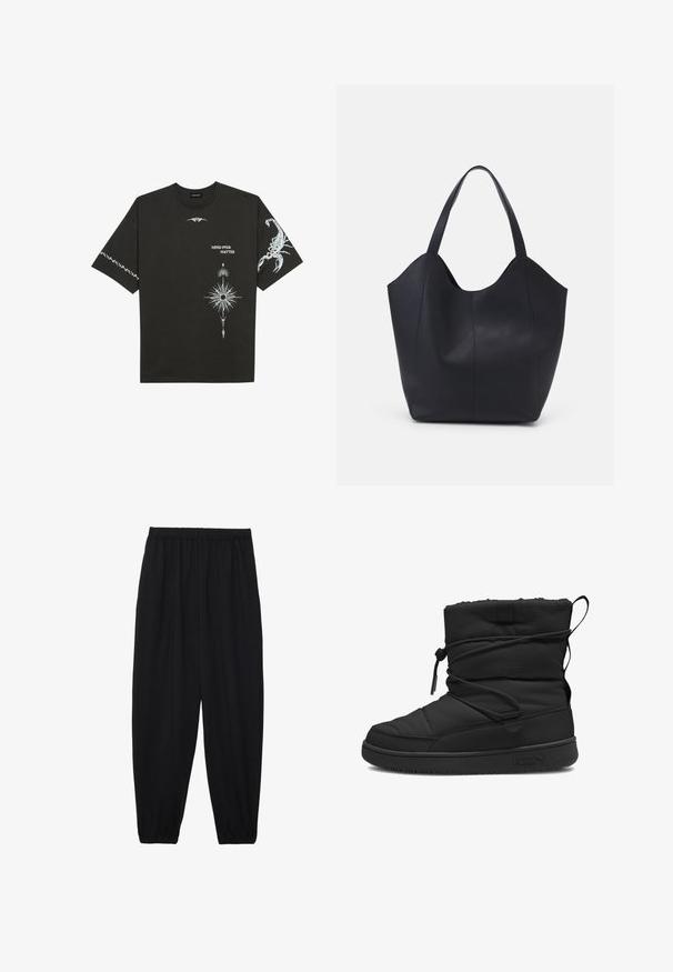 Camiseta de algodón negra con estampados gráficos en blanco, que incluyen un escorpión y diseños abstractos. Mangas cortas; escote redondo.; Pantalones negros, ligeros, con cintura elástica y tobillos fruncidos. La tela es suave y presenta un diseño relajado y ajustado.; Bota aislante negra con textura acolchada, cierre con cordón elástico, parte superior acolchada y suela de goma con un logotipo minimalista.; Bolso tote negro fabricado en cuero liso, con un diseño minimalista que presenta un borde superior curvado y dos asas para el hombro.