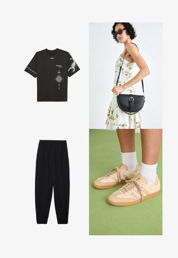 Crna pamučna majica s bijelim grafičkim printovima, uključujući škorpiona i apstraktne dizajne. Kratki rukavi; okrugli izrez.; Crne, lagane hlače s elastičnom stražnjom pasicom i naboranim gležnjevima. Tkanina je glatka i ima opušteni, suženi dizajn.; Noge u bež tkanim Adidas tenisicama s gumastim potplatima i bijelim čarapama do gležnja na zelenom teksturiranom podu.; Crna kožna torba s lukovitim oblikom, odvojivim remenom i zlatnim detaljima. Torba ima preklop s kopčom.
