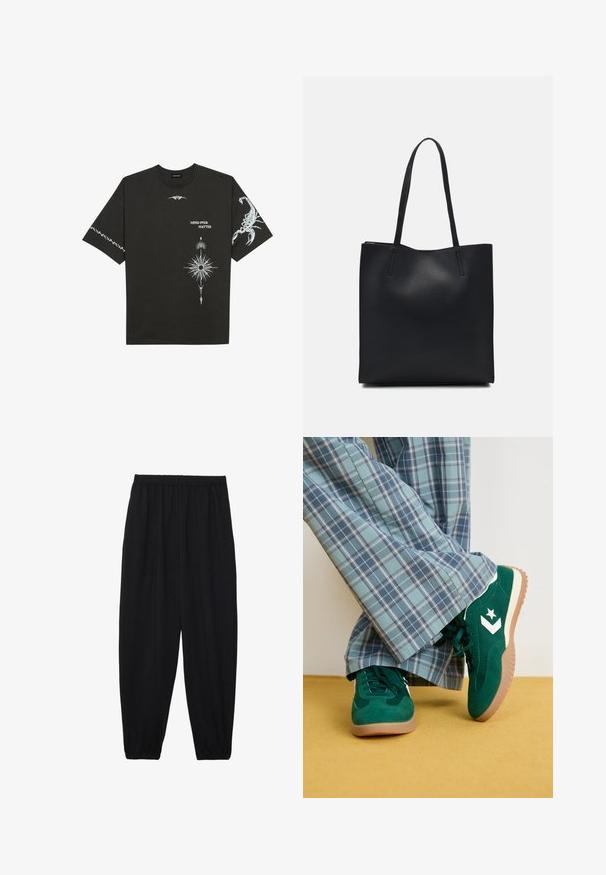 T-shirt in cotone nero con stampe grafiche bianche, tra cui un scorpione e design astratti. Maniche corte; scollatura rotonda.; Pantaloni neri leggeri con vita elastica e caviglie arricciate. Il tessuto è liscio e presenta un design rilassato e affusolato.; Sneakers verde in suede con dettagli bianchi e un logo a stella, abbinati a pantaloni a gamba larga blu a quadri, posizionati su un pavimento giallo.; Borsa tote in pelle nera con texture liscia, forma rettangolare e due manici lunghi. Nessun hardware o decorazione visibile.