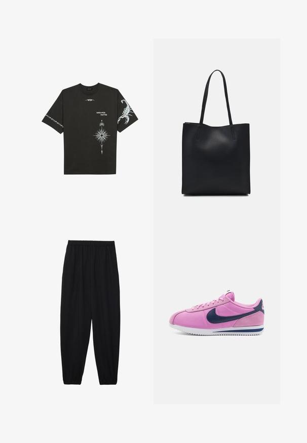 Must musta T-särk mustast puuvillast, millel on valged graafilised trükised, sealhulgas skorpion ja abstraktsed kavandid. Lühikesed varrukad; ümara kaelusega.; Mustad, kerge kangas püksid elastse vöökoha ja kokku volditud pahkluudega. Kanga pind on sile ja disain on lõdvestunud, kitsenev.; Roosa spordijalats, mille pealispind on valmistatud nubukist ja kangast, tumesinine logo, ümar varvas, lapikud paelad ja valge tõmbegripiga talla. Klassikaline retro disain.; Mustast nahast kott sujuva tekstuuriga, ristkülikukujuline ja kahe pika sangaga. Pole nähtavat riistvara ega kaunistusi.