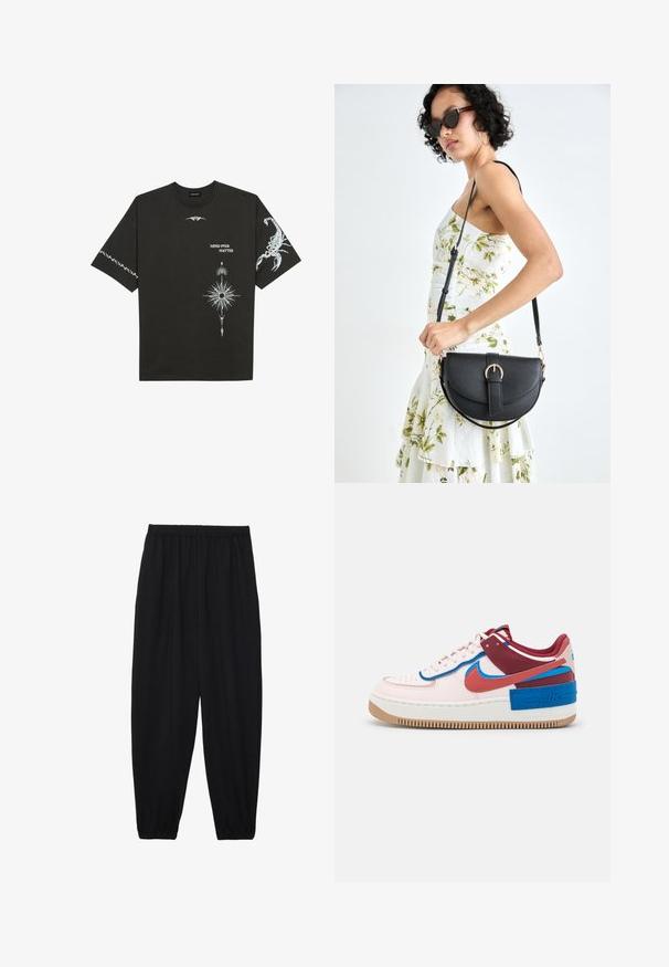 Czarna bawełniana koszulka z białymi nadrukami graficznymi, w tym skorpionem i abstrakcyjnymi wzorami. Krótkie rękawy; okrągły dekolt.; Czarne, lekkie spodnie z elastycznym pasem i ściągaczami na kostkach. Materiał jest gładki i ma luźny, zwężany krój.; Nike Sportswear AF1 SHADOW różowy; Czarna skórzana torebka o zakrzywionym kształcie, z odpinanym paskiem i złotymi akcentami. Torebka posiada klapę z zapięciem w kształcie klamry.