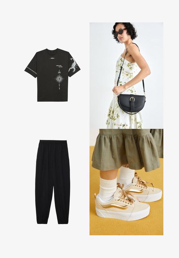 Juodas medvilnės marškinėliai su baltais grafikos spaudiniais, įskaitant skorpioną ir abstrakčius dizainus. Trumpomis rankovėmis; apvaliu iškirpimu.; Juodi, lengvi kelnių su elastinga juosmens juosta ir surinktais kulkšniais. Audinys yra lygus ir turi atsipalaidavusį, siaurėjantį dizainą.; Vans KNU STACK - Riedlenčių batai - high shine gold; Juodas odinis krepšys su išlenkta forma, nuimamu dirželiu ir auksiniais detalėmis. Krepšys turi kilpą su sagtimi.