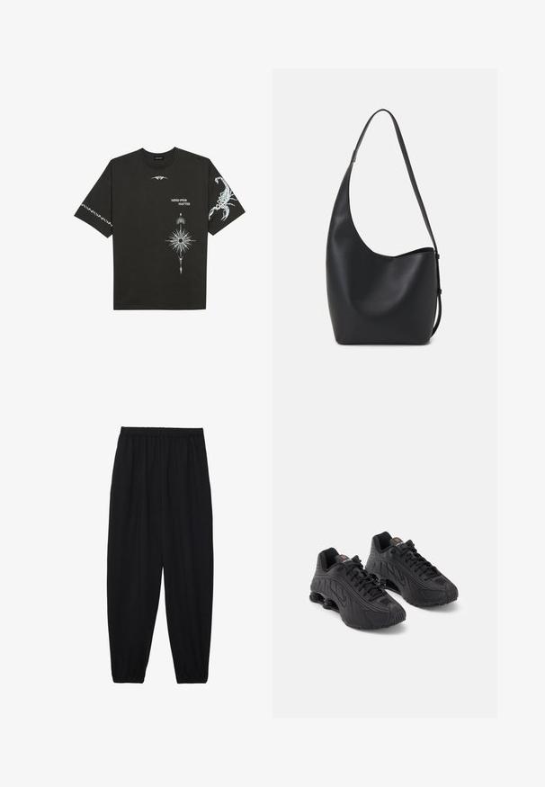 Tricou din bumbac negru, cu imprimeuri grafice albe, inclusiv un scorpion și desene abstracte. Mâneci scurte; decolteu rotund.; Pantaloni negri, ușori, cu un brâu elastic și tivuri strânse. Materialul este neted și are un design relaxat, conic.; Adidași sport negri cu un superior sintetic neted, accente texturate, design cu șireturi și o amortizare vizibilă cu arc la călcâi.; Geantă hobo din piele neagră, cu o textură netedă, formă curbată și un singur bretele ajustabil; are o deschidere largă în partea de sus.