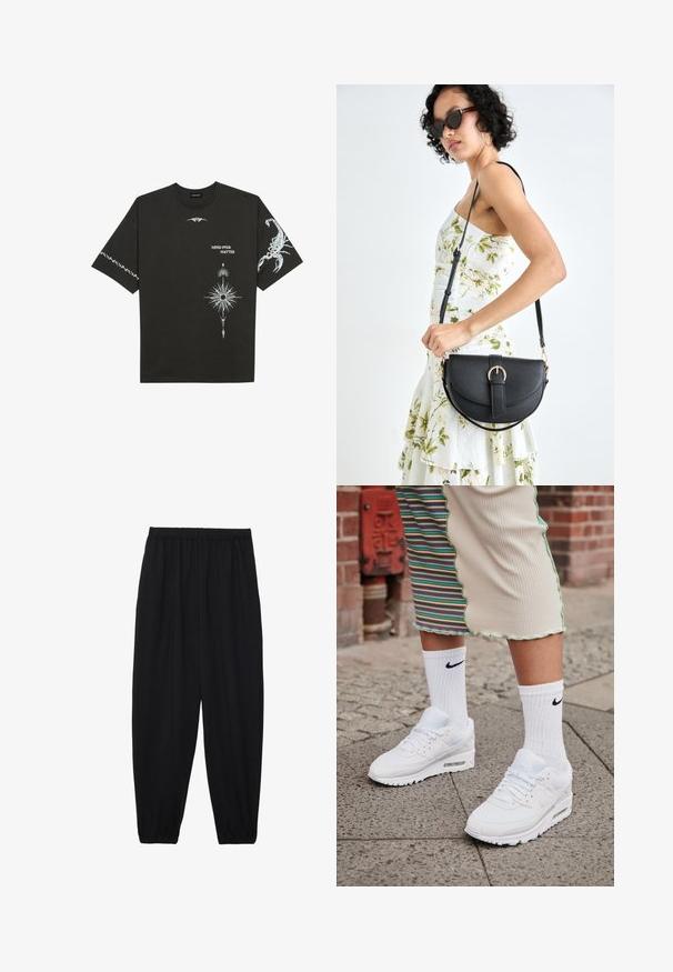 T-shirt de algodão preto com estampas gráficas brancas, incluindo um escorpião e designs abstratos. Mangas curtas; decote redondo.; Calças pretas, leves, com um cinto elástico e punhos franzidos. O tecido é suave e apresenta um design relaxado e afunilado.; Sapatilhas Nike Air Max 90 brancas com parte superior em malha e couro, apresentando uma unidade de ar visível, combinadas com meias brancas texturizadas com logotipo preto.; Bolsa de couro preta com forma curva, alça destacável e detalhes em dourado. A bolsa possui uma aba com detalhe de fivela.