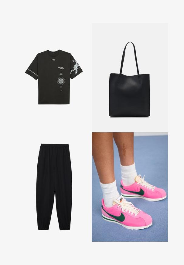 Juodas medvilnės marškinėliai su baltais grafikos spaudiniais, įskaitant skorpioną ir abstrakčius dizainus. Trumpomis rankovėmis; apvaliu iškirpimu.; Juodi, lengvi kelnių su elastinga juosmens juosta ir surinktais kulkšniais. Audinys yra lygus ir turi atsipalaidavusį, siaurėjantį dizainą.; Rožiniai Nike sportbačiai su žaliais akcentais, pagaminti iš lygaus materiālo, turintys baltas raišteles ir tekstūruotą padą. Virš kulkšnies matomos baltos kojinės.; Juodas odinis tote krepšys su lygia tekstūra, stačiakampio formos ir dviem ilgais rankenomis. Matomų metalinių detalių ar puošybos nėra.