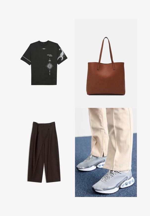 Tricou din bumbac negru, cu imprimeuri grafice albe, inclusiv un scorpion și desene abstracte. Mâneci scurte; decolteu rotund.; Pantaloni largi de culoare maron închis, cu talie înaltă, având închiere cu un singur nasture și un față pliată. Confectionați dintr-un material ușor.; Pantofi sport gri cu partea superioară din plasă, vârf rotund și talpă amortizată; au camere de aer mici pe talpă pentru un plus de suport.; Geantă de umăr din piele maro cu o textură netedă, design cu vârf deschis și două curele pentru umăr. Prezintă cusături minime și fără componente metalice vizibile.