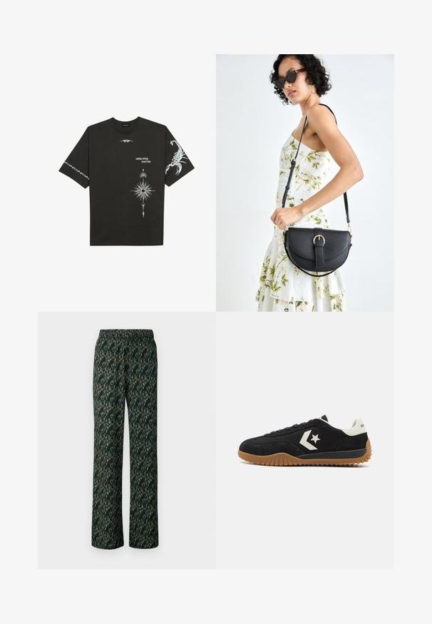 T-shirt noir en coton présentant des impressions graphiques blanches, incluant un scorpion et des motifs abstraits. Manches courtes ; col rond.; Pantalons larges en tissu vert foncé avec un motif multicolore complexe. Dotés d'une taille élastique pour plus de confort.; Baskets en suede noir avec un talon en cuir blanc et un logo, présentant une semelle en caoutchouc texturé et un design de lacets plats.; Sac à main en cuir noir avec une forme courbée, bandoulière amovible et des accessoires en or. Le sac est doté d'un rabat avec un détail de boucle.