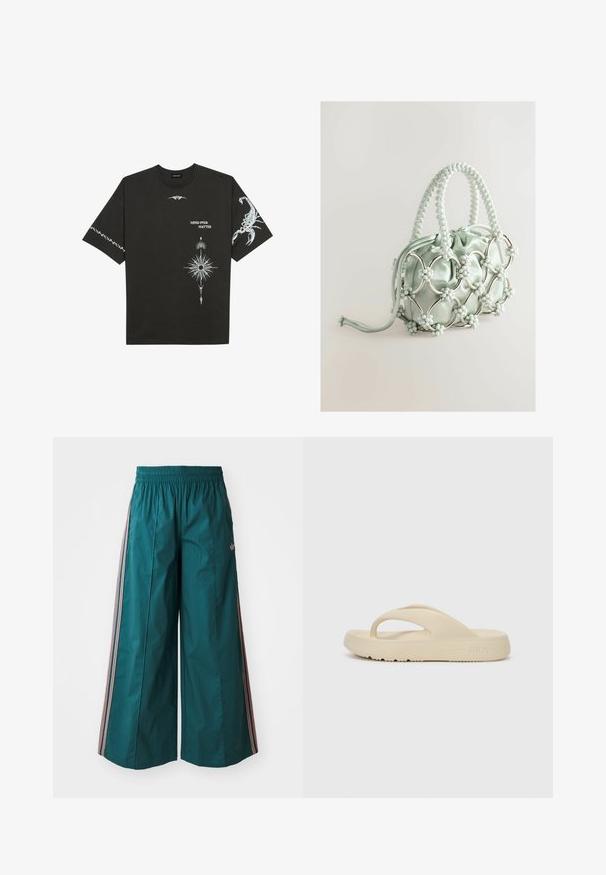 Čierne bavlnené tričko s bielymi grafickými potlačami, vrátane škorpióna a abstraktných vzorov. Krátke rukávy; okrúhly výstrih.; Tyrkysové široké nohavice s elastickým pásom, s pruhovanými akcentmi v ružovej a bielej farbe na bokoch, vyrobené z ľahkej látky.; Béžová žabky vyrobené z gumy, s jedným prstovým remienkom a hrubou podrážkou s protišmykovým vzorom. Označené logom Fila.; Next Kabelka - blue