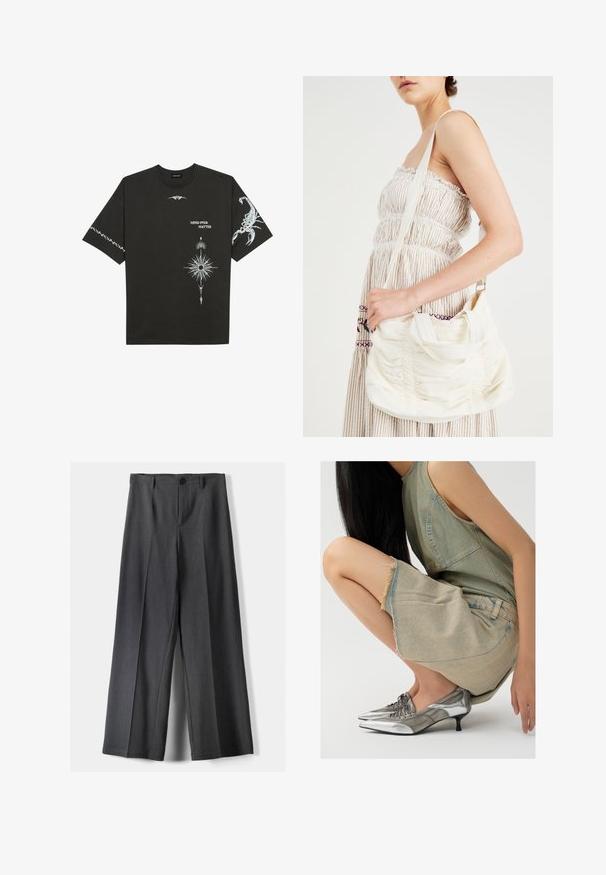 Černé bavlněné tričko s bílými grafickými potisky, včetně štíra a abstraktních vzorů. Krátké rukávy; kulatý výstřih.; Kalhoty s širokými nohavicemi vyrobené z tmavě šedé látky, s knoflíkovým zapínáním, předními sklady a poutky na pásek. Hladká textura s přizpůsobeným střihem.; Stříbrné metalické boty s špičatou špičkou a nízkým podpatkem, spárované se světle modrou džínovou sukní se třepenými okraji a jednoduchým designem.; Bílá textilní taška přes rameno se shromážděnou texturou, nastavitelným popruhem a stříbrným kováním. Vyložená vedle krémových šatů.