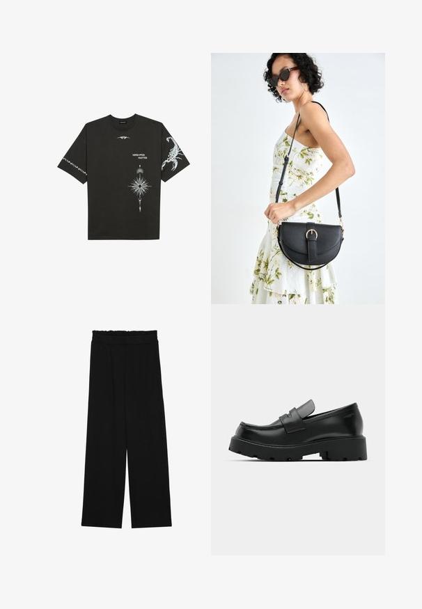 Čierne bavlnené tričko s bielymi grafickými potlačami, vrátane škorpióna a abstraktných vzorov. Krátke rukávy; okrúhly výstrih.; Čierne široké nohavice s volánovým pásom, obsahujúce dve bočné vrecká a hladký, ľahký materiál. Žiadne viditeľné vzory ani kovové príslušenstvo.; Čierne kožené mokasíny s hrubou štruktúrovanou podrážkou, so strapcom cez priehlavok a hladkým, lesklým povrchom.; Čierna kožená kabelka s zaobleným tvarom, odnímateľným popruhom a zlatými doplnkami. Kabelka má klopu s detailom s prackou.