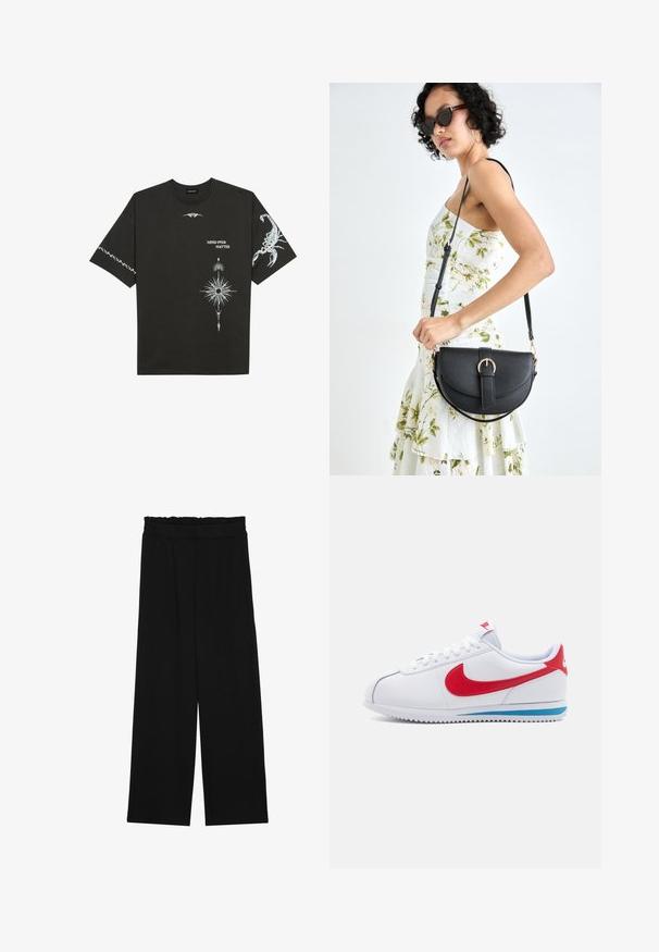 Fekete pamut póló, fehér grafikával, beleértve egy skorpiót és absztrakt mintákat. Rövid ujjú; kerek nyakú.; Fekete, bőszárú nadrág fodros derékrésszel, két oldalsó zsebbel és sima, könnyű anyagból. Nincsenek látható minták vagy fémalkatrészek.; Fehér sneaker piros swoosh-sal, kék részlettel a talpon és fehér fűzővel. Texturált felsőrész kézi varrással. Klasszikus dizájn.; Fekete bőrtáska ívelt formával, levehető pánttal és arany színű fémrészekkel. A táskán egy csattal díszített fedél található.