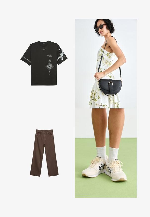 Crna pamučna majica s bijelim grafičkim printovima, uključujući škorpiona i apstraktne dizajne. Kratki rukavi; okrugli izrez.; Proširene smeđe traperice od denima, s visokim strukom, prednjim džepovima i klasičnom kopčom na dugme. Glatka tekstura s suptilnim šavovima.; Bež sportske cipele s crnim akcentima i teksturiranim materijalom, s dizajnom vezivanja i logotipom, nošene s bijelim čarapama do gležnjeva.; Crna kožna torba s lukovitim oblikom, odvojivim remenom i zlatnim detaljima. Torba ima preklop s kopčom.