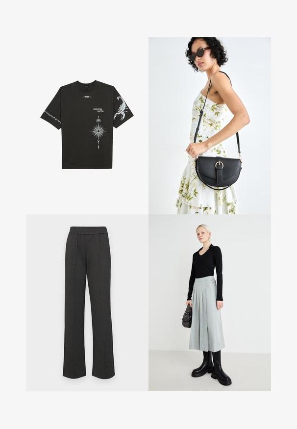 Black cotton t-shirt featuring white graphic prints, including a scorpion and abstract designs. Short sleeves; round neckline.; Black straight-leg pants with an elastic waistband, front pleats, soft fabric, and no visible patterns or hardware details.; Black long-sleeve top, light gray pleated skirt with double buckle details, and black chunky-sole boots; silver handbag with embellishments.; Black leather handbag with a curved shape, detachable strap, and gold hardware. The bag features a flap with a buckle detail.