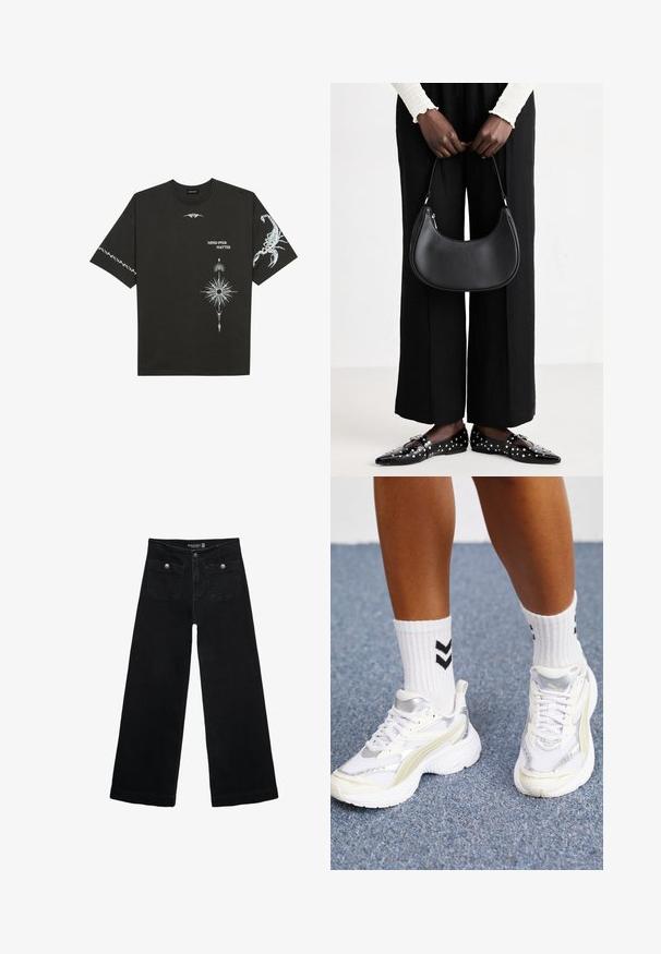 Czarna bawełniana koszulka z białymi nadrukami graficznymi, w tym skorpionem i abstrakcyjnymi wzorami. Krótkie rękawy; okrągły dekolt.; Czarne, szerokie dżinsy z wysokim stanem, z dwoma przednimi kieszeniami i metalowymi guzikami. Tkanina ma gładką fakturę.; Białe sneakersy z srebrnymi akcentami, wykonane z siateczkowego materiału, o masywnej konstrukcji. Połączone z białymi skarpetkami z czarnym wzorem w zygzaki.; Czarna skórzana torba na ramię o zaokrąglonym kształcie, z połyskującym wykończeniem i srebrnymi akcentami. Osoba w czarnych spodniac wyszczuplających i znaczonymi loafersami.