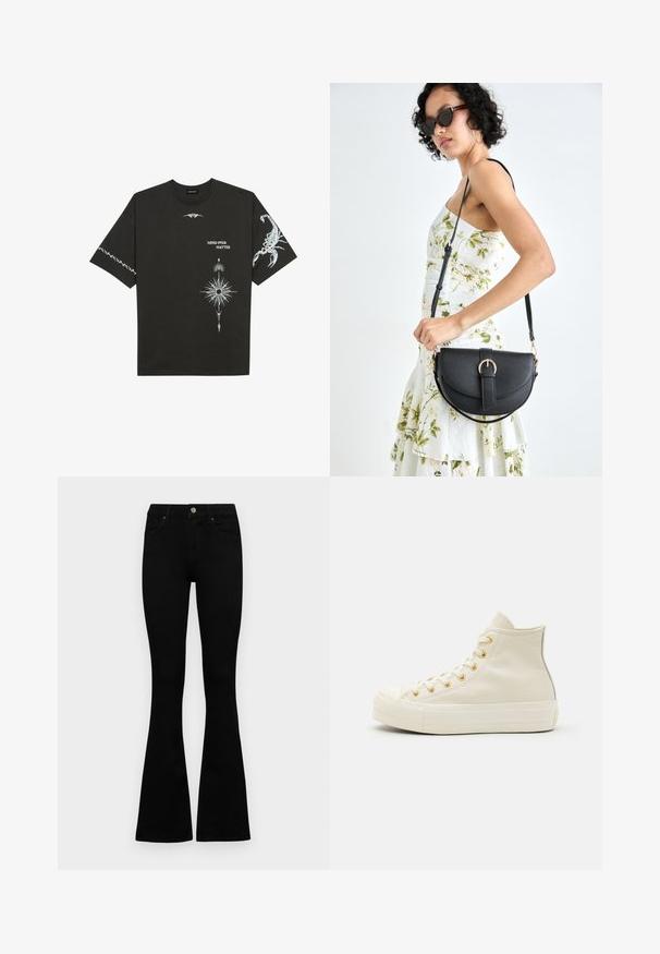 Čierne bavlnené tričko s bielymi grafickými potlačami, vrátane škorpióna a abstraktných vzorov. Krátke rukávy; okrúhly výstrih.; Čierne vysoké nohavice s gombíkom a zipsom, predné vrecká a rozšírené nohavice položené na bielom pozadí.; Vysoké tenisky vyrobené z krémovej kože so zlatými očkami a textúrovaným povrchom. Majú gumovú podrážku a zaoblenú špičku.; Čierna kožená kabelka s zaobleným tvarom, odnímateľným popruhom a zlatými doplnkami. Kabelka má klopu s detailom s prackou.