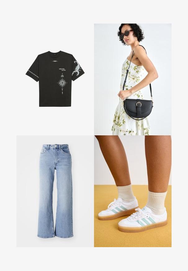 Must musta T-särk mustast puuvillast, millel on valged graafilised trükised, sealhulgas skorpion ja abstraktsed kavandid. Lühikesed varrukad; ümara kaelusega.; Heledsinine kõrge vöökoht ja laiad sääred teksad, millel on ees- ja taga-taskud, nööbiga kinnitamine ning kerge kulumine reitel ja ääres.; Valged tennisetossud piparmündiroheliste triipudega, kummist tallaga ja paeltega, kombineeritud soonikutega kreemivärvi sokkidega. Taustaks kollane värv.; Mustmust mustraha kõverate joontega, eemaldatava rihmaga ja kuldsete detailidega. Kotil on klapp, millel on pandladetail.