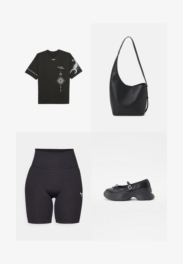 Zwarte katoenen t-shirt met witte grafische prints, waaronder een schorpioen en abstracte ontwerpen. Korte mouwen; ronde hals.; Zwarte high-waisted sportshorts gemaakt van rekbaar materiaal, met een aansluitend ontwerp, platte naden en een klein wit logo aan de zijkant.; Zwarte leren Mary Jane-schoen met een ronde neus, strikdetails en een verstelbare enkelband. Beschikt over een chunky rubberen zool met gebogen accenten.; Zwarte leren hobo tas met een gladde textuur, kromme vorm en een enkele verstelbare schouderband; heeft een brede opening aan de bovenkant.