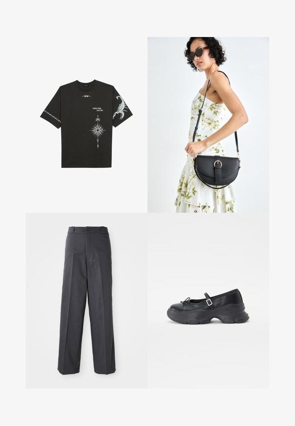 Black cotton t-shirt featuring white graphic prints, including a scorpion and abstract designs. Short sleeves; round neckline.; Dark gray trousers with a straight-leg design, featuring a single button closure, belt loops, and a smooth, textured fabric.; Black leather Mary Jane shoe with a rounded toe, bow detail, and an adjustable ankle strap. Features a chunky rubber sole with curved accents.; Black leather handbag with a curved shape, detachable strap, and gold hardware. The bag features a flap with a buckle detail.