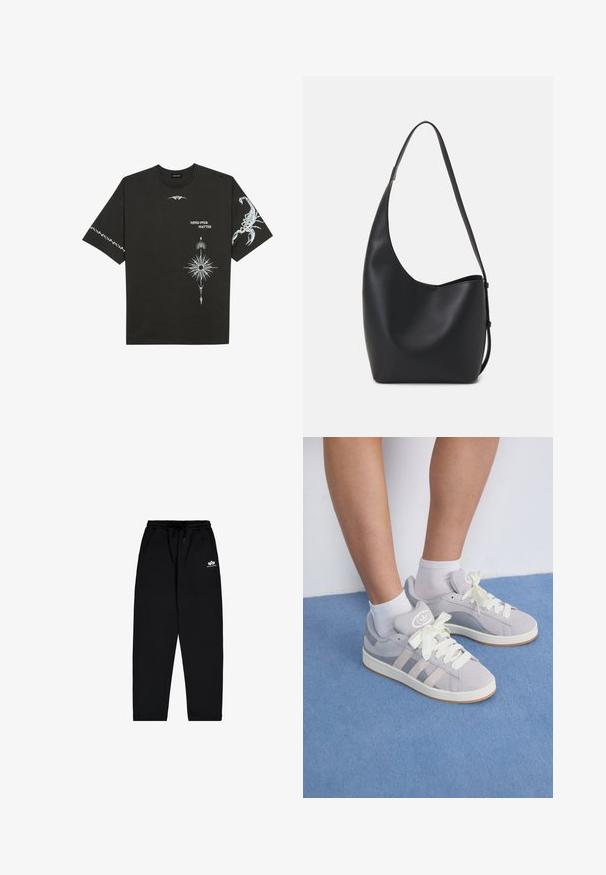 Črna bombažna majica s kratkimi rokavi, okroglim izrezom in belimi grafičnimi potiski, vključno s škorpijonom in abstraktnimi modeli.; Črne trenirke iz mehkega blaga z elastičnim pasom, vrvico in stranskima žepoma. Imajo majhen bel logotip na stegnu.; Sive športne copate iz zamšene kože z belimi vezalkami in gumijastim podplatom, ki imajo tri diagonalne črte ob strani in logotip na ježku.; Črna usnjena hobo torba z gladko teksturo, ukrivljeno obliko in eno nastavljivo naramnico; ima širok odprtina na vrhu.