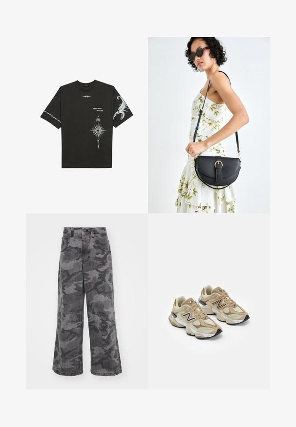 Black cotton t-shirt featuring white graphic prints, including a scorpion and abstract designs. Short sleeves; round neckline.; Wide-leg camouflage jeans in shades of gray, made of denim, featuring two side pockets and a high waist design. Textured fabric with a printed pattern.; Beige sneakers with mesh and suede materials. Features a black logo and textured accents. Thick white midsole and black rubber outsole.; Black leather handbag with a curved shape, detachable strap, and gold hardware. The bag features a flap with a buckle detail.