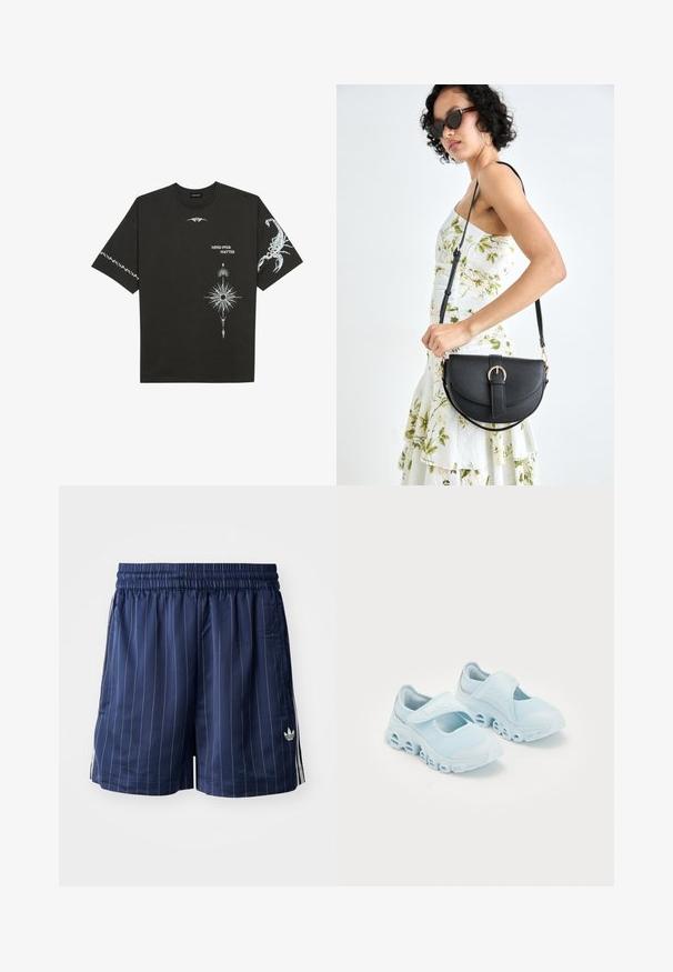 T-shirt de algodão preto com estampas gráficas brancas, incluindo um escorpião e designs abstratos. Mangas curtas; decote redondo.; Calções azul-marinho com riscas verticais brancas, cintura elástica, bolsos laterais e um pequeno logotipo branco do lado esquerdo. Textura de tecido suave.; Ténis azul claro com tecido em malha, cortes proeminentes na sola e uma correia de Velcro na parte superior para um ajuste seguro.; Bolsa de couro preta com forma curva, alça destacável e detalhes em dourado. A bolsa possui uma aba com detalhe de fivela.