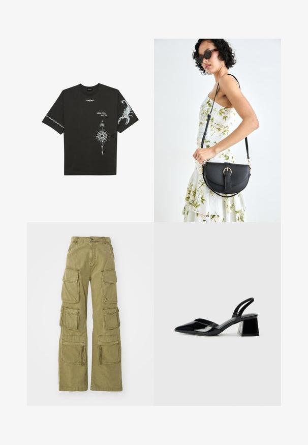 Must musta T-särk mustast puuvillast, millel on valged graafilised trükised, sealhulgas skorpion ja abstraktsed kavandid. Lühikesed varrukad; ümara kaelusega.; Kahvatare kargo püksid lõdva lõikega, millel on mitu suurt utiliidi taskut, õmblustäiendused ja nööpkinnis. Vastupidav puuvillane kangas.; Mustad musta lakknahk kingad, millel on terav varvas ja geomeetriline plokkkonts. Omab elegantselt minimalistlikku disaini ja sujuvat tekstuuri.; Mustmust mustraha kõverate joontega, eemaldatava rihmaga ja kuldsete detailidega. Kotil on klapp, millel on pandladetail.