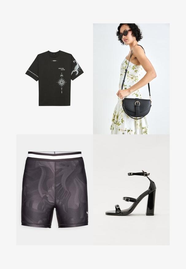Fekete pamut póló, fehér grafikával, beleértve egy skorpiót és absztrakt mintákat. Rövid ujjú; kerek nyakú.; Fekete úszónadrág sima anyagból, diszkrét mintával, testhezálló kivitelben, kontrasztos fehér rugalmas derékkal.; Fekete lakk magas sarkú szandál két csatos pánttal, négyzet alakú orral és tömzsi blokk sarokkal, sima, fényes felülettel.; Fekete bőrtáska ívelt formával, levehető pánttal és arany színű fémrészekkel. A táskán egy csattal díszített fedél található.