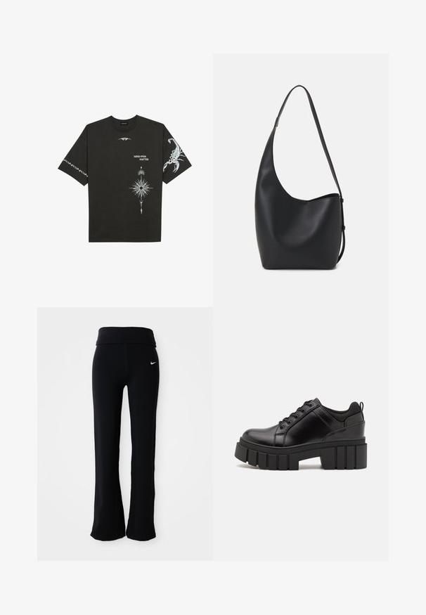 Čierne bavlnené tričko s bielymi grafickými potlačami, vrátane škorpióna a abstraktných vzorov. Krátke rukávy; okrúhly výstrih.; Čierne športové nohavice so širokým pásom, vyrobené z hladkého, elastického materiálu. Na boku majú malé, biele logo Nike.; Čierne kožené platformy s masívnym blokovým podpätkom, okrúhlou špičkou a tradičným šnurovaním. Má hladký povrch a minimálne detaily.; Čierna kožená hobo taška so hladkou textúrou, zakriveným tvarom a jedným nastaviteľným popruhom; má široké otvorenie na vrchu.