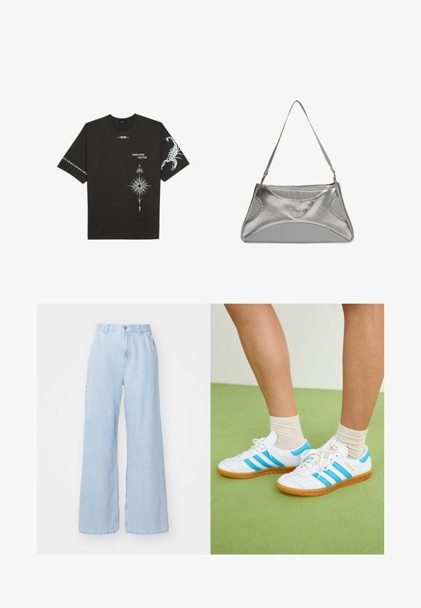 Melnas kokvilnas T-krekls ar baltajiem grafiskajiem printiem, tostarp skorpiona un abstraktiem dizainiem. Īsas piedurknes; apaļa kakla izgriezums.; Gai zilas platā kāju džinsa bikses, ar priekšējiem kabatām, jostu cilpiņām un pogu aizdari. Līdzens audums un glīts apdare.; Baltas sporta apavi ar gaiši ziliem svītrojumiem, gumijas zole un šņorēšanas dizains. Iekļauj zelta zīmolu un gludu āda līdzīgu tekstūru.; Sudrabaini metāla rokassoma ar elegantu, strukturētu dizainu, kas īpaši izceļas ar teksturētu virsmu, plecu siksnu un izreljefu logo akcentu.