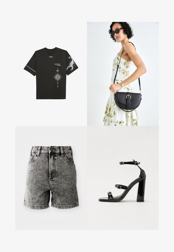 Melnas kokvilnas T-krekls ar baltajiem grafiskajiem printiem, tostarp skorpiona un abstraktiem dizainiem. Īsas piedurknes; apaļa kakla izgriezums.; Melni džinsi šorti ar augsto jostasvietu, piecu kabatu dizainu un nolietotu rakstu ar redzamām šuvēm un metāliskiem elementiem.; Melni lakoti augstpapēžu sandales ar divām sprādzēm, kvadrātveida purngalu un masīvu papēdi, ar gludu, spīdīgu virsmu.; Melnas ādas rokassoma ar izliekta formu, noņemamu siksnu un zelta aksesuāriem. Somai ir vāciņš ar sprādzes detaļu.