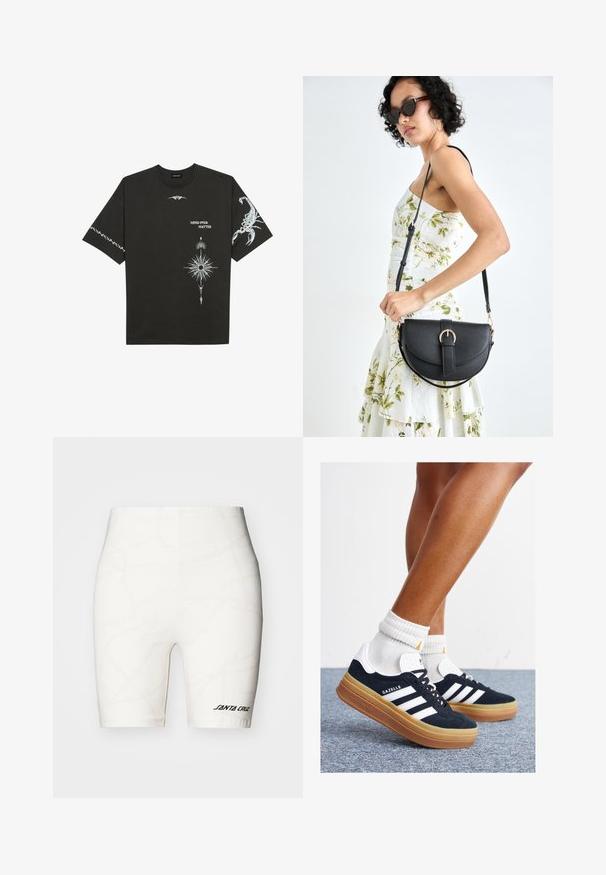 T-shirt de algodão preto com estampas gráficas brancas, incluindo um escorpião e designs abstratos. Mangas curtas; decote redondo.; Calções de bicicleta brancos com um padrão subtil de arame farpado, cintura elástica e um logótipo preto "SANTA CRUZ" no lado inferior esquerdo.; Ténis de camurça preta com riscas e detalhes brancos, biqueira arredondada, sola em borracha cor de goma, combinados com meias brancas caneladas até à altura do tornozelo.; Bolsa de couro preta com forma curva, alça destacável e detalhes em dourado. A bolsa possui uma aba com detalhe de fivela.