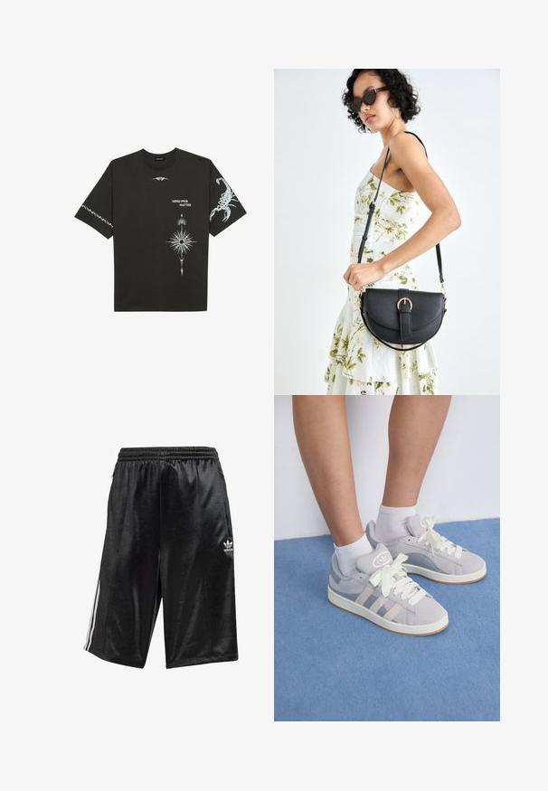 T-shirt de algodão preto com estampas gráficas brancas, incluindo um escorpião e designs abstratos. Mangas curtas; decote redondo.; Calções atléticos pretos feitos de tecido suave, com cintura elástica ajustável, bolsos laterais e três riscas brancas ao longo dos lados.; Sapatilhas cinzas em camurça com atacadores brancos e sola de borracha, apresentando três riscas diagonais de um lado e um emblema na língua.; Bolsa de couro preta com forma curva, alça destacável e detalhes em dourado. A bolsa possui uma aba com detalhe de fivela.