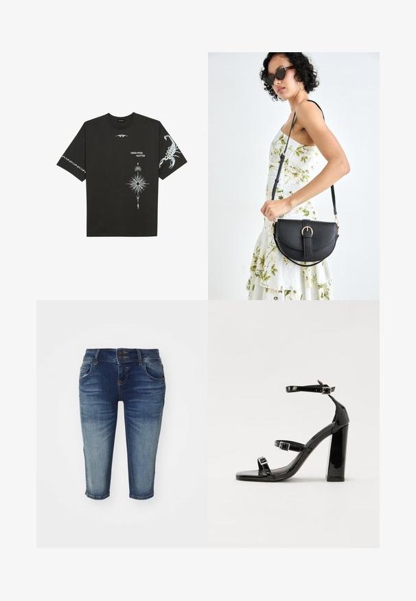 Crna pamučna majica s bijelim grafičkim printovima, uključujući škorpiona i apstraktne dizajne. Kratki rukavi; okrugli izrez.; Denim bermuda kratke hlače u tamnoplavoj boji s izblijedjelim završetkom, s pet džepova, dvostrukim zatvaranjem na dugmad i ravnim krojem.; Crne lakirane sandale na pete sa kvadratnim nosom, trakama oko gležnja i srebrnim kopčama. Imaju čvrst blok petu za stabilnost.; Crna kožna torba s lukovitim oblikom, odvojivim remenom i zlatnim detaljima. Torba ima preklop s kopčom.