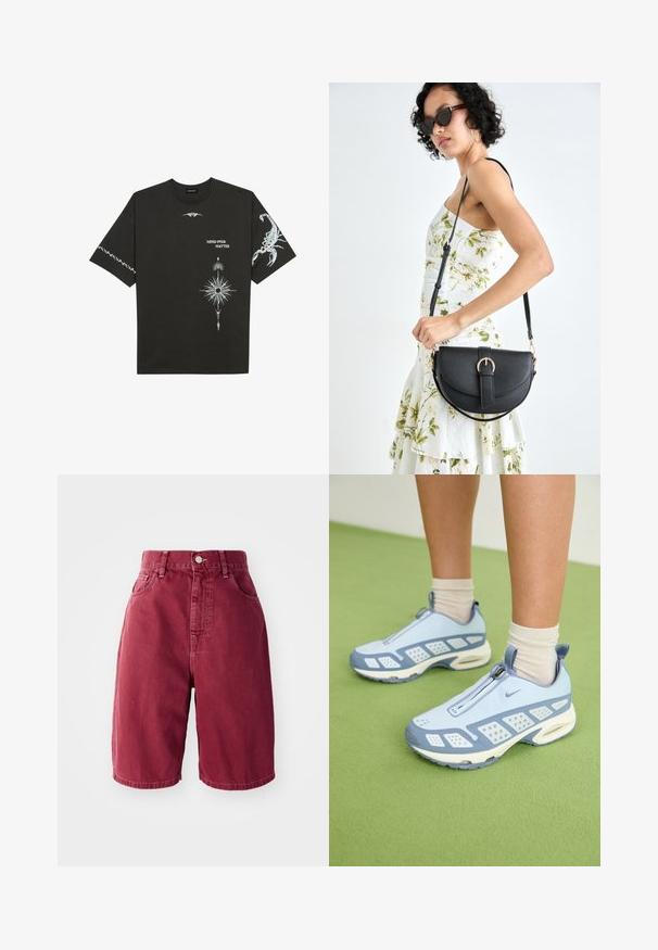 Fekete pamut póló, fehér grafikával, beleértve egy skorpiót és absztrakt mintákat. Rövid ujjú; kerek nyakú.; Burgundy farmernadrág magas derékkal. Jellemzői közé tartozik két elülső zseb, egy gombos záródás és egyenes szárú kialakítás.; Világoskék sportcipők fehér díszítéssel, texturált panelek és cipzáras záródás. Jellemzője a látható légpárnás talp és a gumitalp.; Fekete bőrtáska ívelt formával, levehető pánttal és arany színű fémrészekkel. A táskán egy csattal díszített fedél található.