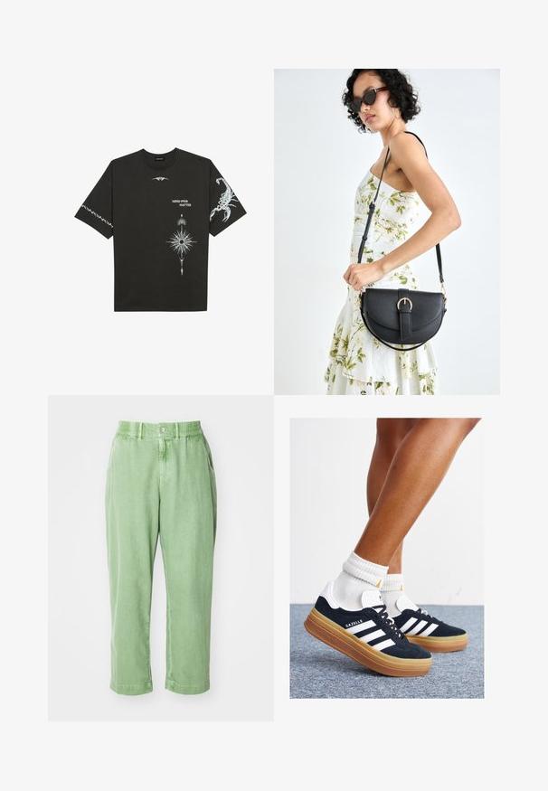 Musta puuvillapaita, jossa on valkoisia graafisia printtejä, mukaan lukien skorpioni ja abstrakteja kuvioita. Lyhyet hihat; pyöreä kaula-aukko.; Vaate vaaleanvihreät, rentomittaiset housut, jotka on valmistettu pehmeästä materiaalista. Niissä on nappi ja joustava vyötärö, sivutaskut ja kapenevat lahkeet.; Musta mokkanahkainen tennari, jossa valkoiset raidat ja yksityiskohdat, pyöreä kärki, purukumipohja, yhdistetty valkoisiin ribbineuleisiin nilkkasukkiin.; Musta nahkainen käsilaukku, joka on kaareva muotoilultaan, irrotettavalla hihnalla ja kultaisilla yksityiskohdilla. Laukussa on läppä, jossa on solk yksityiskohta.