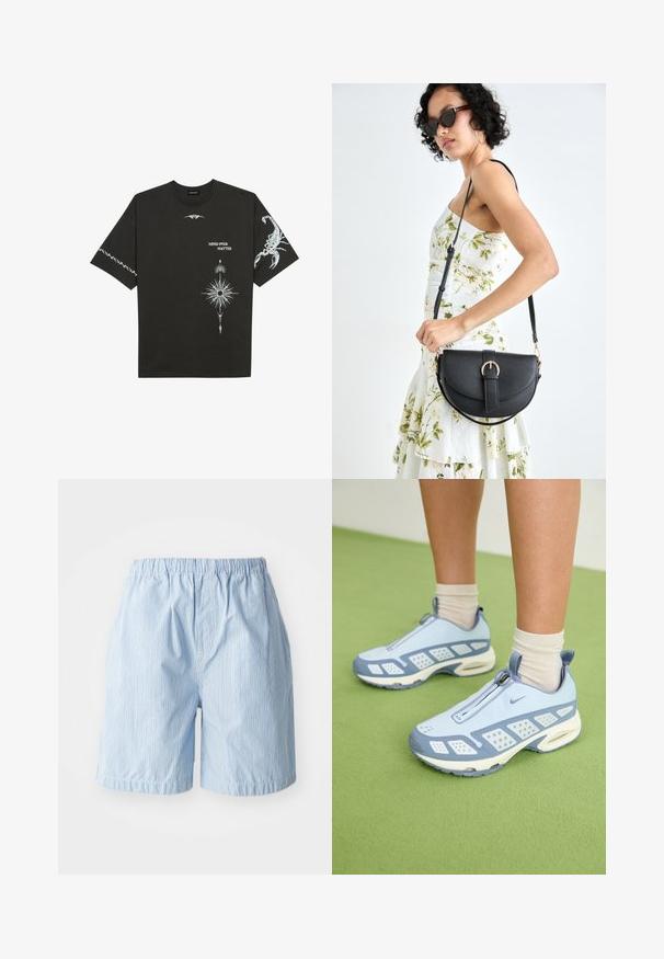Schwarzes Baumwoll-T-Shirt mit weißen grafischen Drucken, darunter ein Skorpion und abstrakte Designs. Kurze Ärmel; runder Ausschnitt.; Helle blaue Shorts aus Stoff mit vertikalen Nadelstreifen. Elastischer Bund und umgeschlagene Säume, die einen einfachen, lässigen Stil zeigen.; Hellblaue Sportschuhe mit weißen Akzenten, strukturierten Bereichen und einem Reißverschluss. Sie verfügen über eine sichtbare Luftpolster-Sohle und eine Gummisohle.; Schwarze Lederhandtasche mit geschwungener Form, abnehmbarem Tragegurt und goldenen Beschlägen. Die Tasche verfügt über einen Deckel mit einer Schnallen-Details.