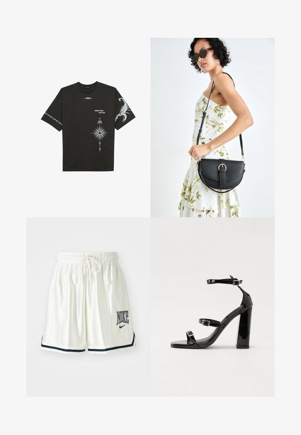 Fekete pamut póló, fehér grafikával, beleértve egy skorpiót és absztrakt mintákat. Rövid ujjú; kerek nyakú.; Fehér sportnadrág sima anyagból, állítható derékkal, sötétkék részletekkel és sötétkék hímzett Nike logóval.; Fekete lakk magas sarkú szandál két csatos pánttal, négyzet alakú orral és tömzsi blokk sarokkal, sima, fényes felülettel.; Fekete bőrtáska ívelt formával, levehető pánttal és arany színű fémrészekkel. A táskán egy csattal díszített fedél található.