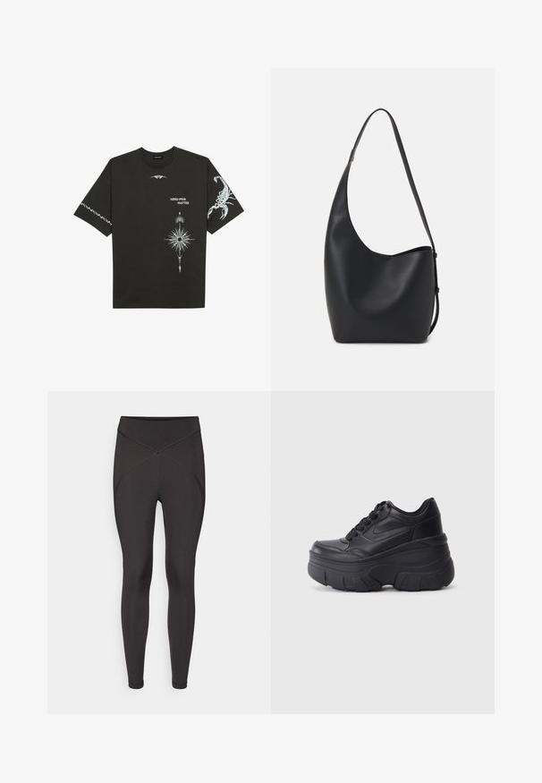 Černé bavlněné tričko s bílými grafickými potisky, včetně štíra a abstraktních vzorů. Krátké rukávy; kulatý výstřih.; Černé legíny vyrobené z elastického materiálu, s vysokým pasem, bezešvým designem a detaily vzoru X na bocích.; Černé šněrovací tenisky s robustní podrážkou, s hladkým koženým svrškem, zaoblenou špičkou a výrazným vrstveným designem platformy.; Černá kožená hobo taška s hladkým povrchem, zakřiveným tvarem a jedním nastavitelným popruhem; má široké otevírání nahoře.