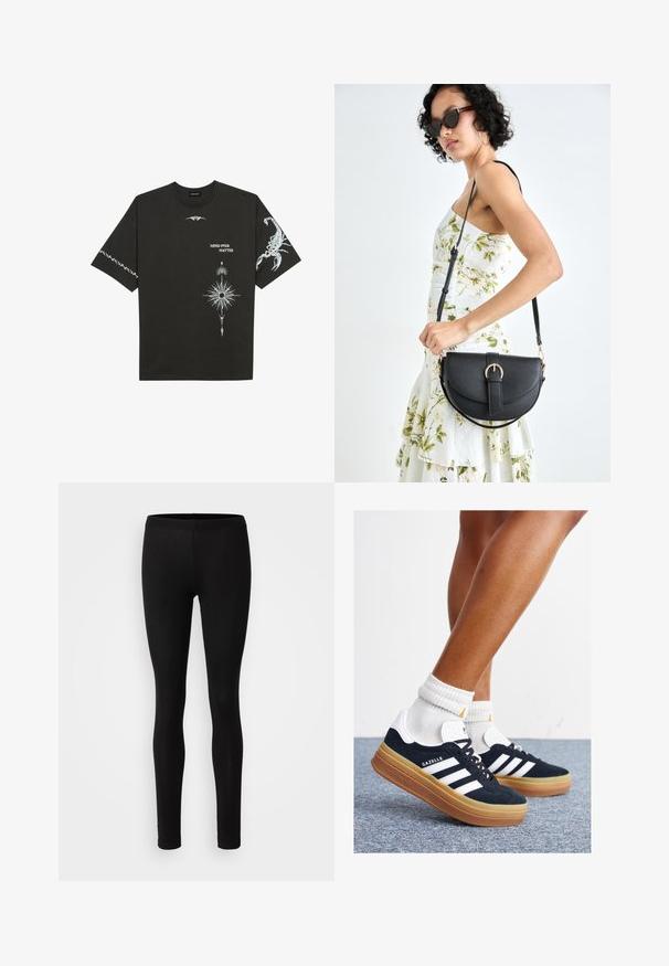 Black cotton t-shirt featuring white graphic prints, including a scorpion and abstract designs. Short sleeves; round neckline.; Black leggings made of a soft, stretchy fabric. They have a slim fit with an elastic waist and a smooth, matte texture.; Black suede sneakers with white stripes and accents, rounded toe, gum rubber outsole, paired with white ribbed crew socks.; Black leather handbag with a curved shape, detachable strap, and gold hardware. The bag features a flap with a buckle detail.