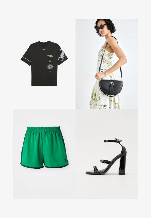 Crna pamučna majica s bijelim grafičkim printovima, uključujući škorpiona i apstraktne dizajne. Kratki rukavi; okrugli izrez.; Zelene sportske kratke hlače s glatkom teksturom, elastičnim pojasom i tamnozelenim bočnim akcentima. Na donjem rubu je Adidasov logo.; Crne lakirane sandale na visoku petu s dva remena s kopčama, kvadratnim vrhom i masivnom blok petom, s glatkom, sjajnom teksturom.; Crna kožna torba s lukovitim oblikom, odvojivim remenom i zlatnim detaljima. Torba ima preklop s kopčom.