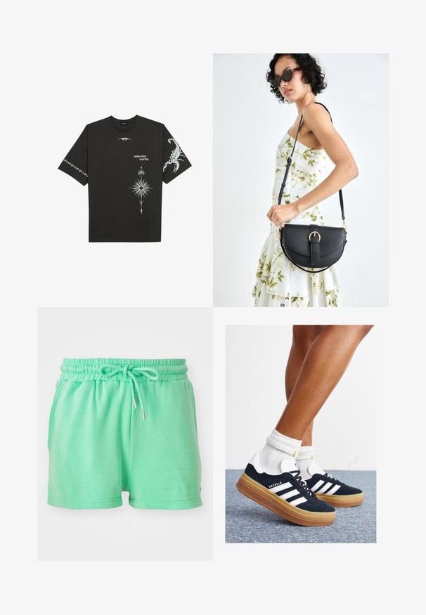 T-shirt in cotone nero con stampe grafiche bianche, tra cui un scorpione e design astratti. Maniche corte; scollatura rotonda.; Pantaloni corti verde menta realizzati in materiale morbido, con cintura elastica e coulisse regolabile, e tasche laterali.; Sneakers in pelle scamosciata nera con strisce e dettagli bianchi, punta arrotondata, suola in gomma color gomme, abbinate a calzini bianchi a coste alla caviglia.; Borsa a tracolla nera in pelle con una forma curva, manico rimovibile e accessori dorati. La borsa presenta una patta con un dettaglio a fibbia.