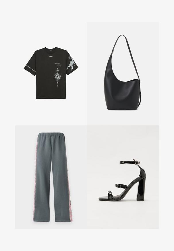 Tricou din bumbac negru, cu imprimeuri grafice albe, inclusiv un scorpion și desene abstracte. Mâneci scurte; decolteu rotund.; Pantaloni de jogging gri cu talie elastică, picioare largi și accesorii colorate cu modele pe laterale. Fabrișați dintr-un material moale și confortabil.; Sandale cu toc din patent negru, cu vârf pătrat, curele la gleznă și catarame din argint. Dispune de un toc gros pentru stabilitate.; Geantă hobo din piele neagră, cu o textură netedă, formă curbată și un singur bretele ajustabil; are o deschidere largă în partea de sus.