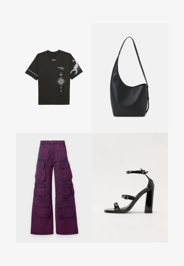 Black cotton t-shirt featuring white graphic prints, including a scorpion and abstract designs. Short sleeves; round neckline.; Purple cargo pants with wide legs, featuring multiple front and side pockets, contrasting stitching, and a button closure at the waist.; Black patent heeled sandals with a square toe, ankle straps, and silver buckles. Features a chunky block heel for stability.; Black leather hobo bag with a smooth texture, curved shape, and single adjustable strap; features a wide opening at the top.