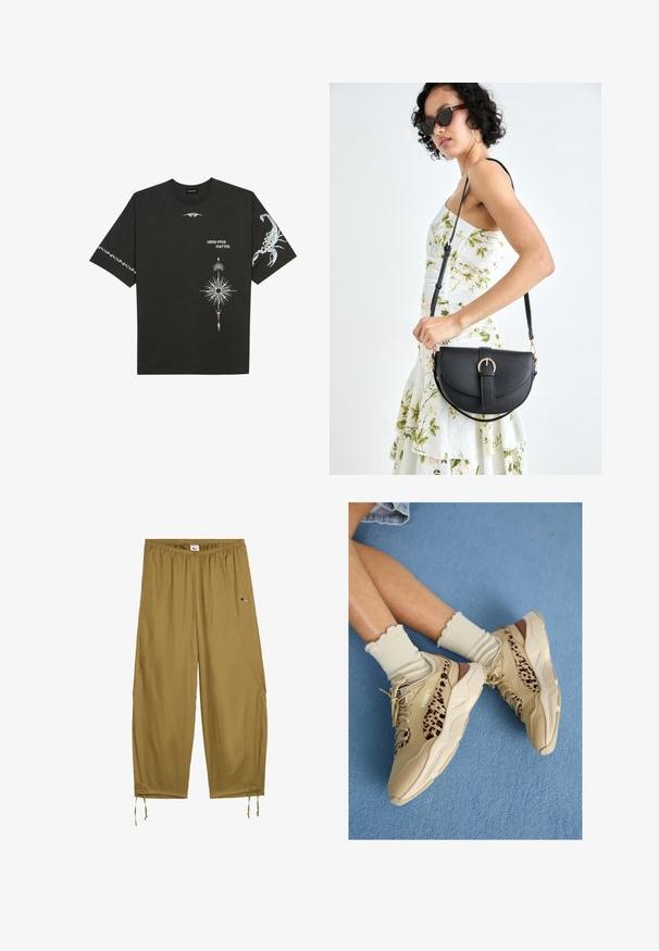Camiseta de algodón negra con estampados gráficos en blanco, que incluyen un escorpión y diseños abstractos. Mangas cortas; escote redondo.; Pantalones ligeros y holgados hechos de tela caqui. Presentan una cinturilla elástica, bolsillos laterales y dobladillos con cordón. Acento de logotipo pequeño.; Piernas cruzadas con zapatillas Puma beige con rayas de estampado de leopardo y calcetines crema con volantes sobre una alfombra azul.; Bolso de piel negra con forma curva, correa desmontable y herrajes dorados. El bolso cuenta con una solapa con un detalle de hebilla.