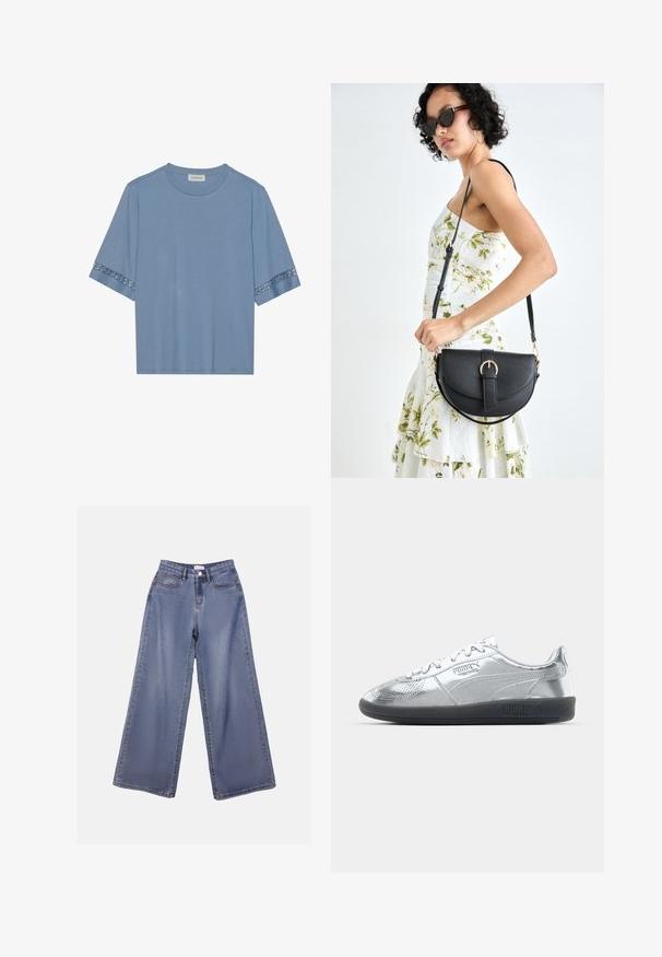 Lys blå kortermet t-skjorte med blonder detalj på ermer, mykt stoff, rund hals, avslappet passform, og uten synlige logoer eller mønstre.; Bredde ben jeans i lys blå vask, med høy livhøyde, frontlommer og knappelukking med beltehemper.; Sølv sneakers med en glatt, reflekterende overflate, med svarte gummisåler og klassisk snøring. Puma-logo på siden.; Svart lærveske med en buet form, avtagbar stropp og gullbeslag. Vesken har et klaff med spenne-detall.