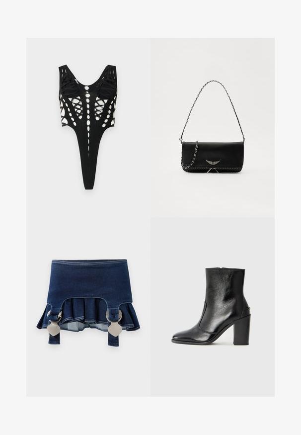 Body negru cu modele decupate și detalii cu șireturi, având spatele deschis și o textură canelată. Decupaje înalte pe picioare.; Fustă din denim cu margine evazată. Prezintă două sistem de prindere ajustabile de culoare gri, culoare albastru închis, și detalii de cusătură contrastante pe linia de jos.; Botină din piele neagră, cu o textură netedă, vârf ascuțit și toc gros, înalt. Dispune de o deschidere laterală și un design minimalist.; Geantă de mână din piele neagră cu un lanț din argint, având accente decorative în formă de aripi și cusături albe de-a lungul cusăturii de jos.
