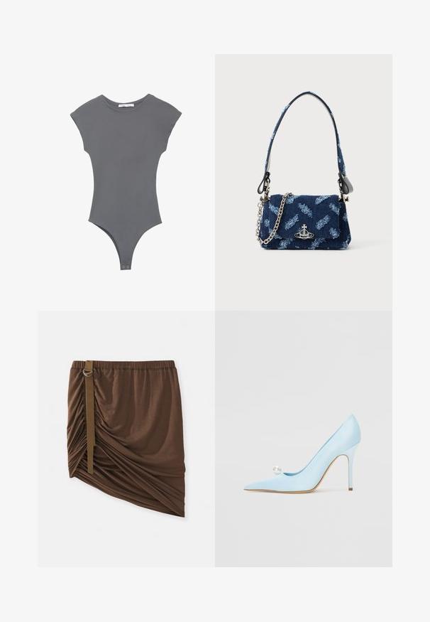 Bodysuit gris à manches courtes, en tissu lisse. Présente une taille haute et des fermetures à pression au bas pour un enfilage facile.; Jupe marron à mi-mollet en tissu doux et léger ; elle présente des détails froncés et une sangle latérale avec un accent en anneau métallique.; GIABORGHINI Escarpins à talons hauts - blue; Sac à main en tissu bleu marine avec un design texturé, quincaillerie en argent et une bandoulière en chaîne détachable. Comprend une fermeture à rabat et un accent logo.